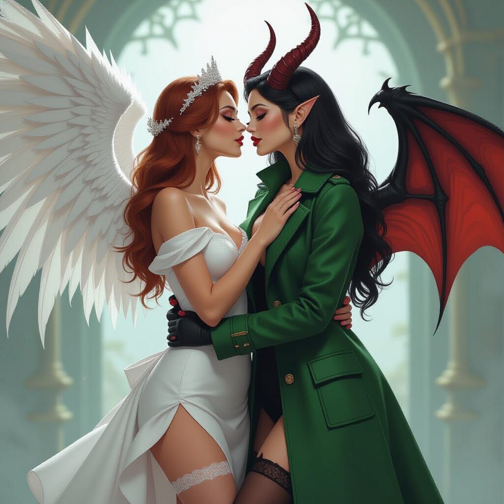 Angelic Lady Kissing Demon in Dark Fantasy Style