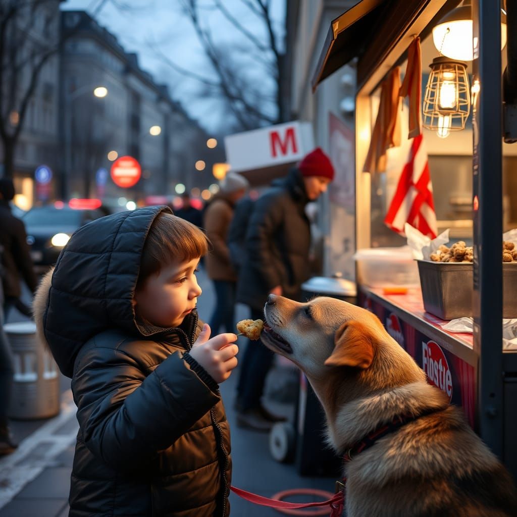 Child Feeds Stray Dog on Gloomy Evening