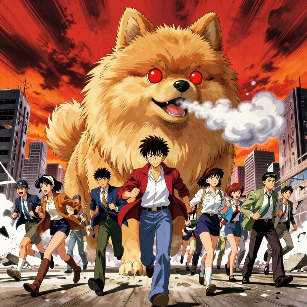 Giant Fluffy Pomeranian Terrorizes City in Anime Style