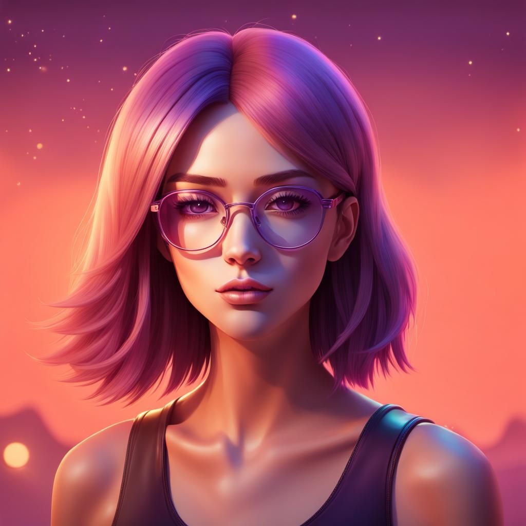Anime Girl Portrait with Purple Lights and Glasses