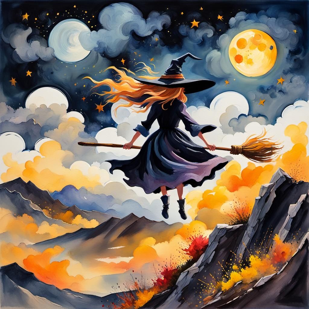 Witch Flying Over Moonlit Mountains: Impressionist Gouache