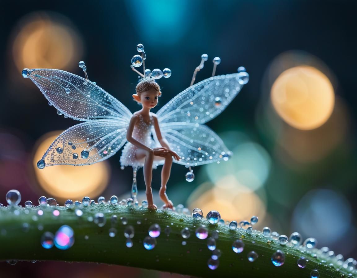 Iridescent Dewdrop Fairy on Bioluminescent Flower