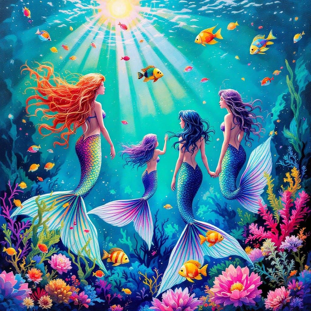 Vibrant Mermaids in a Kaleidoscopic Oceanic Wonderland