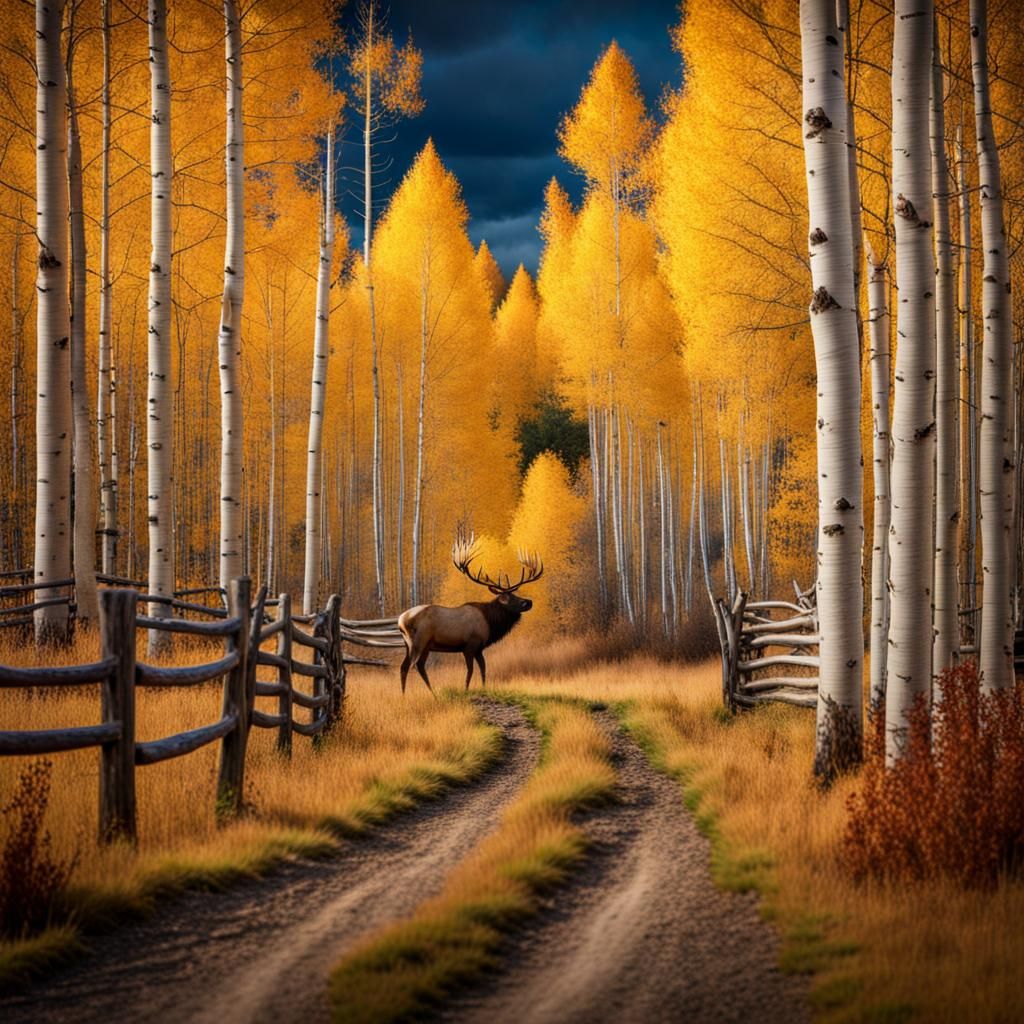 Aspen Trees and Elk in Autumn Colors