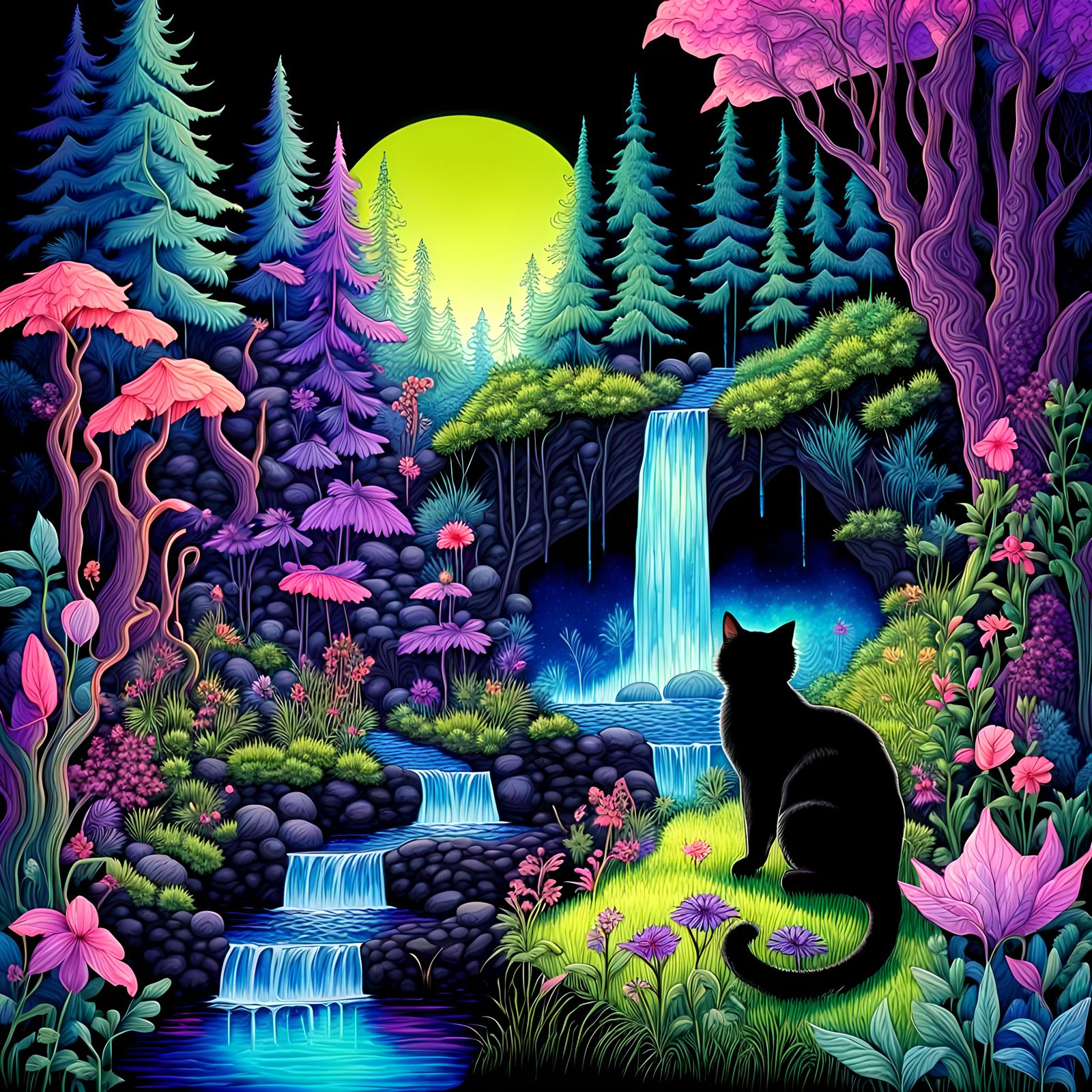 Fantastical faerie landscape in a neon black light fantasy s...