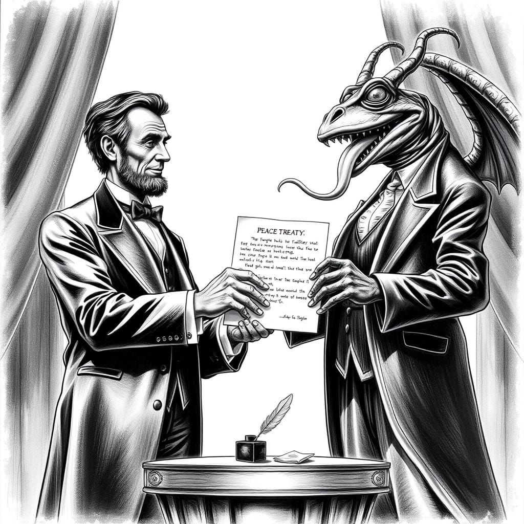 Abraham Lincoln and a Slimy Frog Demon Sign a Peace Treaty