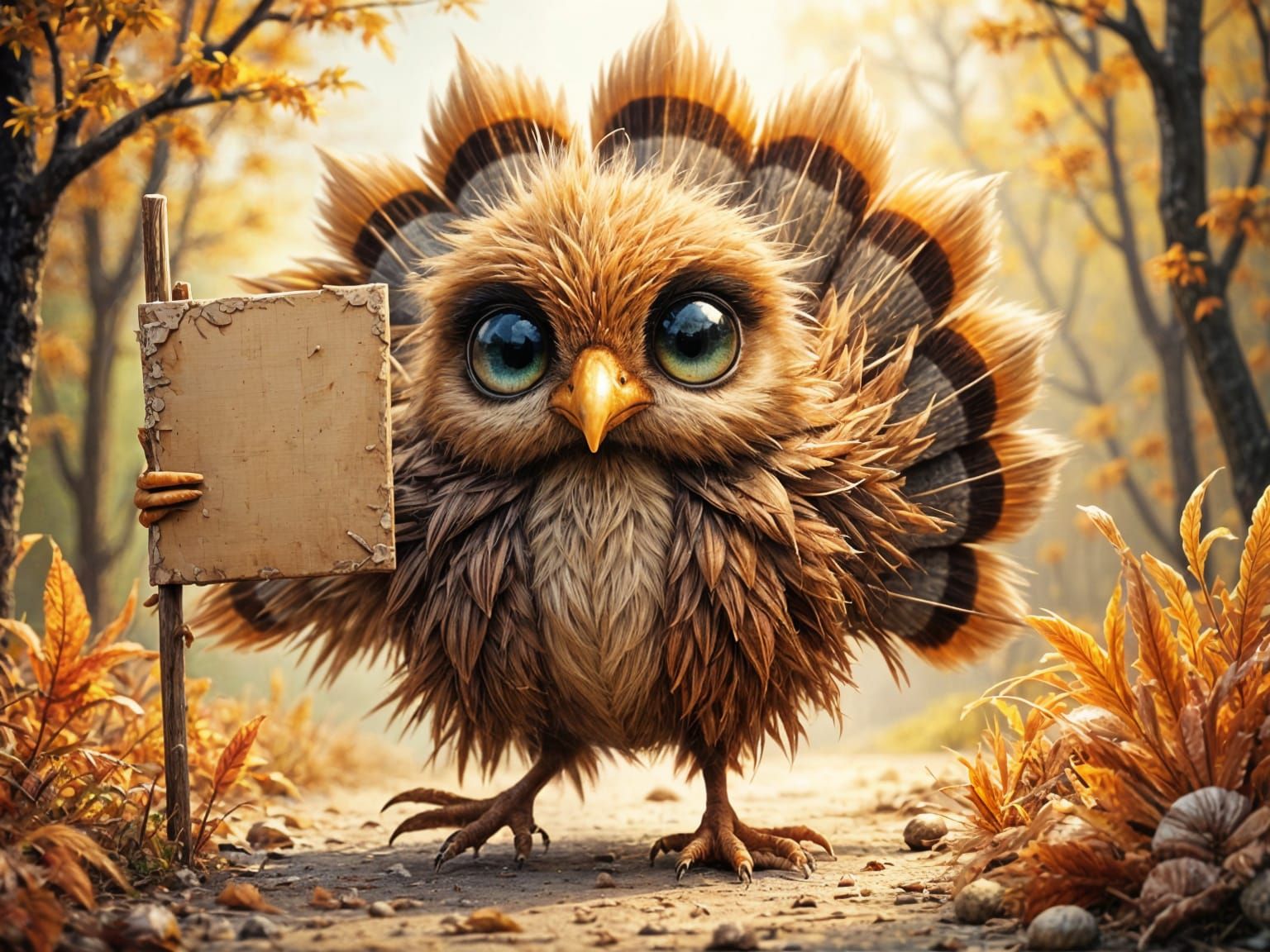 Whimsical Feathered Turkey Holds Blank Sign on Dirt Road