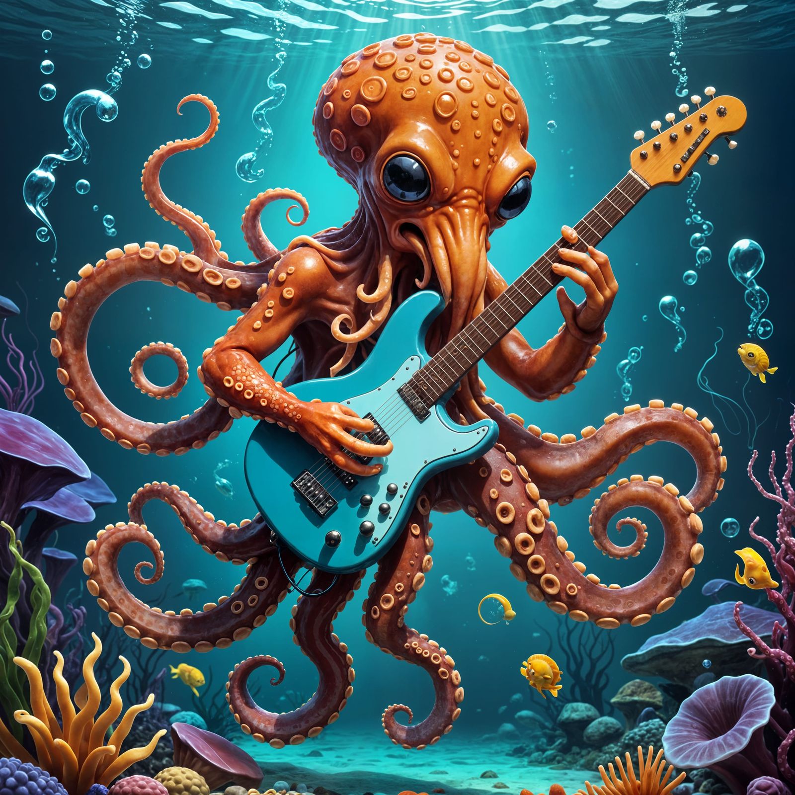 Detailed CGI Octopus Shreds Electric Guitar Underwater