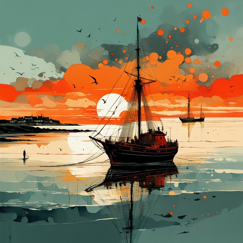 Beach Sunset Sailing Ship in Sumi-e Style