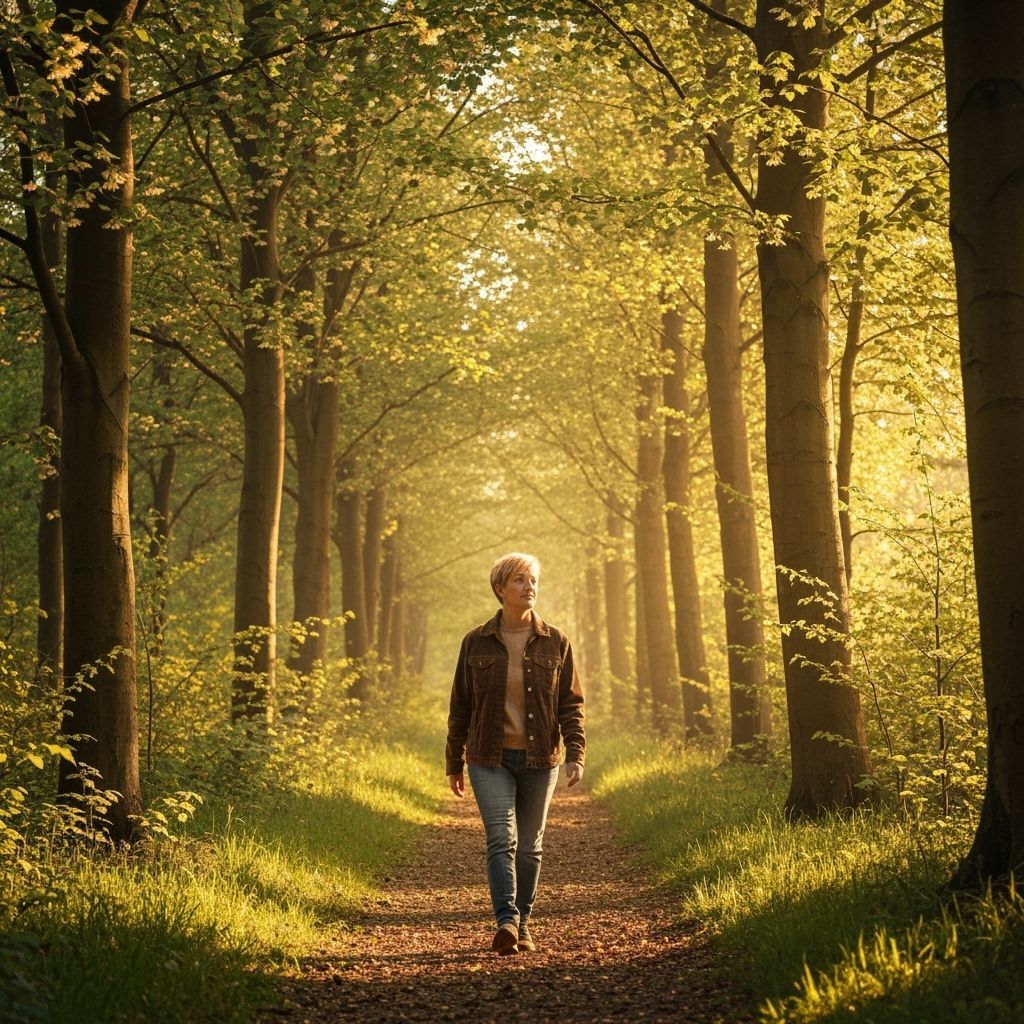 Woman Walks in Sunlight Forest: Photorealistic Style