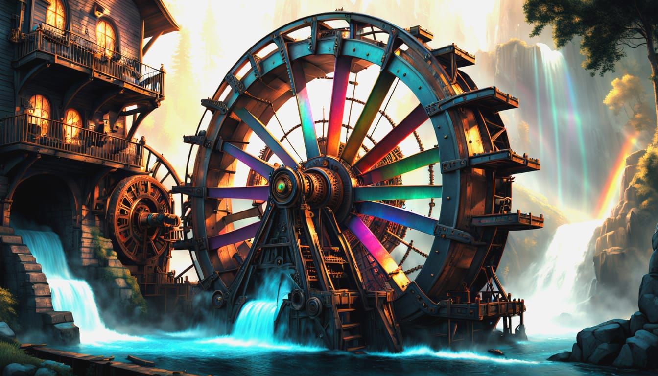 Futuristic Steampunk Waterwheel in Vibrant Cosmic Scene