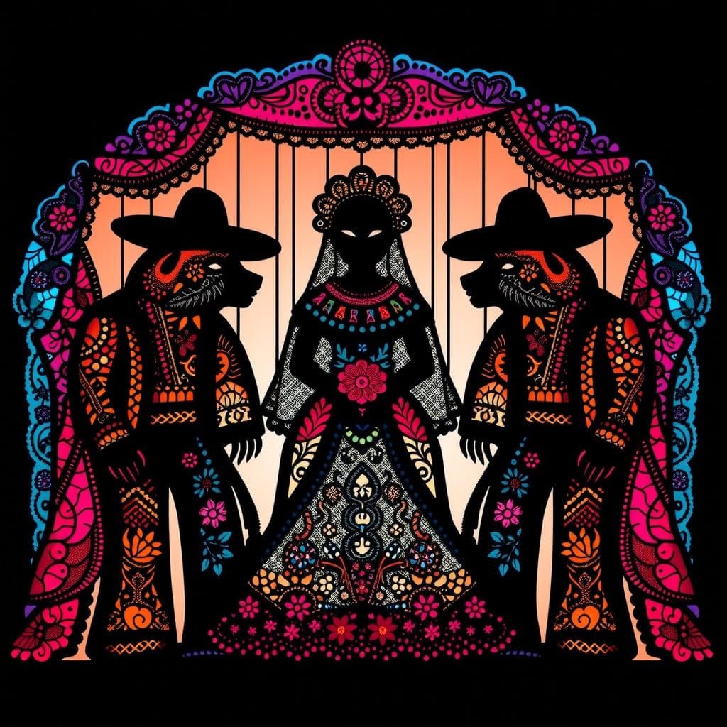 Psychedelic Shadow Puppets Amidst a Mexican Folk Art Landsca...