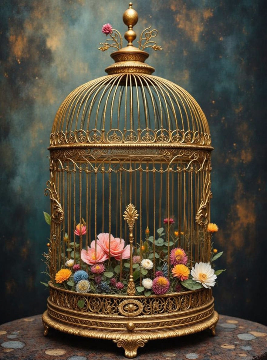 Intricate Bird Cage with Cracked Details