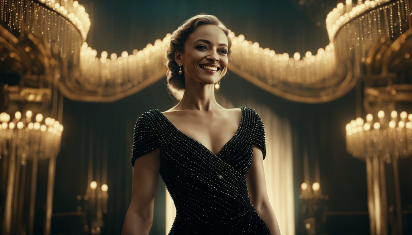 Smiling Woman in Black Pearl Dress