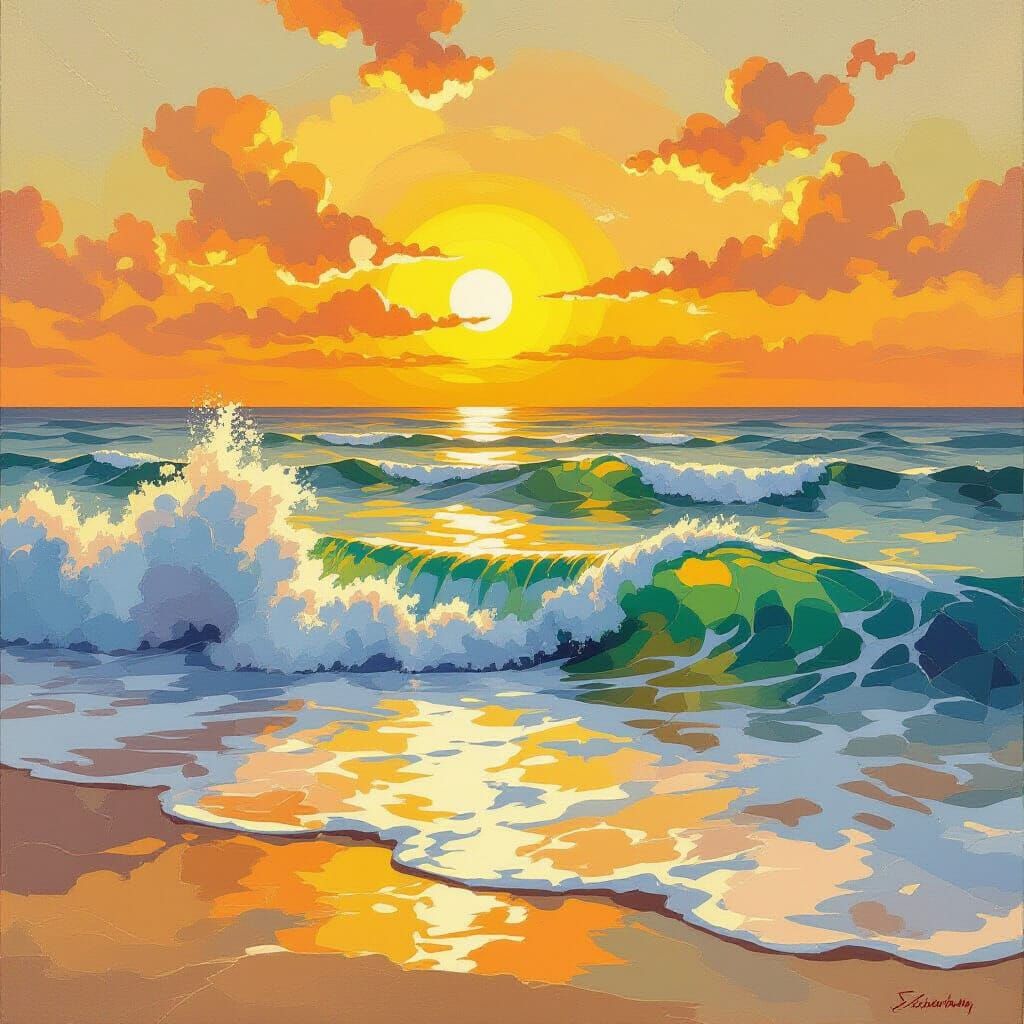 Golden Sunlight on Ocean Waves, Romantic Landscape