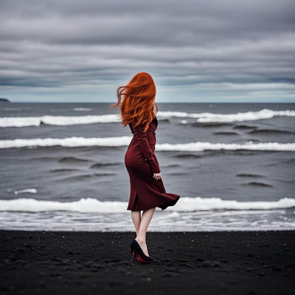 Redhead on Iceland's Black Beach in Winter