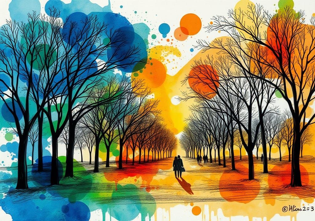 Abstract Ink Park Scene with Expressive Linework