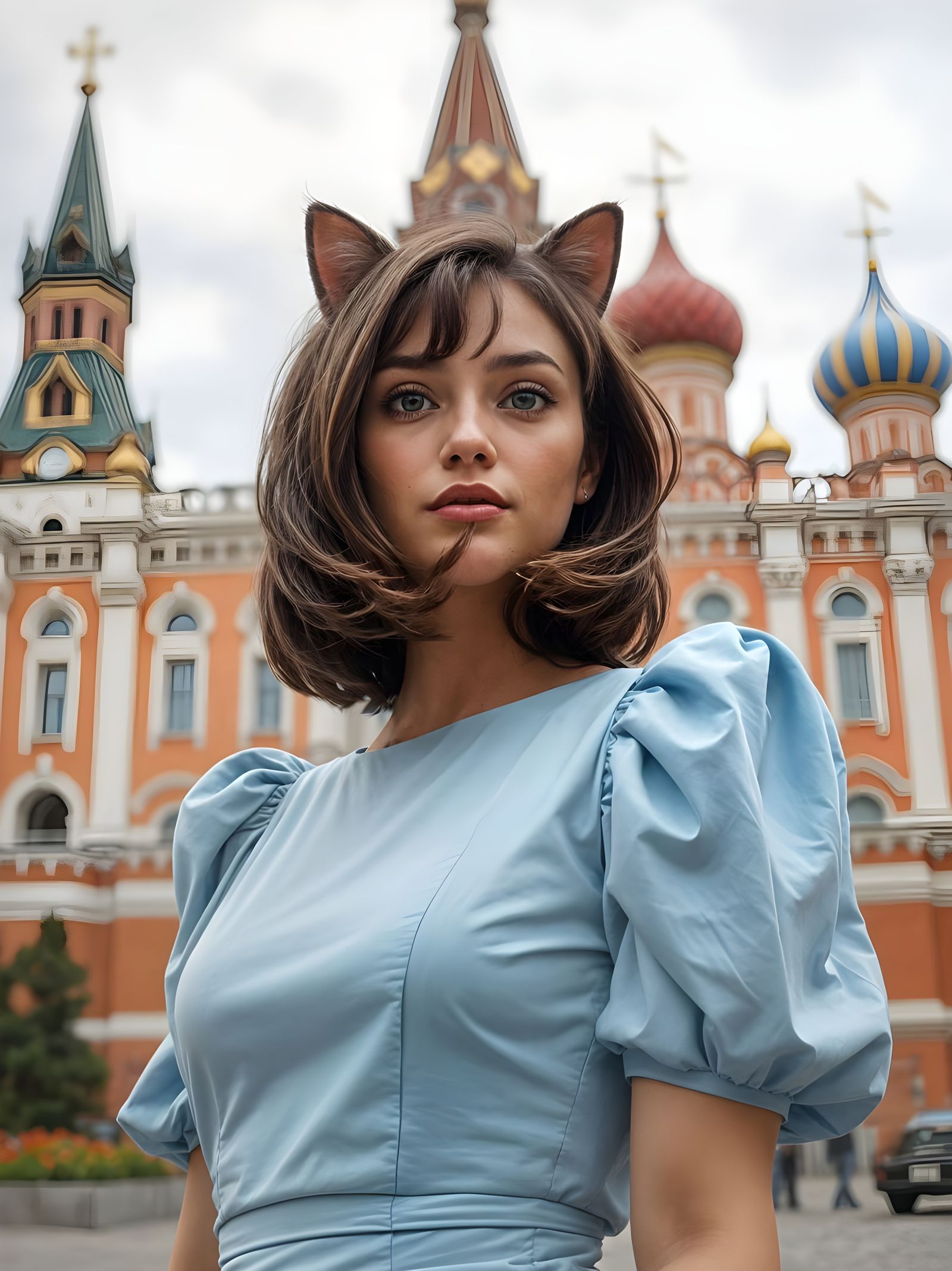 Elegant Brunette in Light Blue Dress Stands Before Moscow-St...