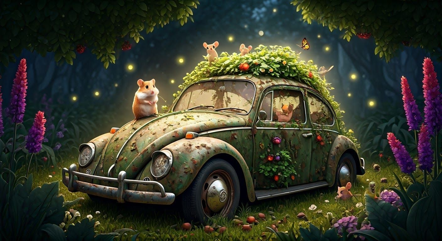 Whimsical VW Beetle Abandoned in Enchanted Forest