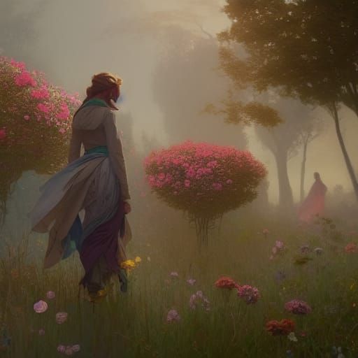 Women's Floral Walk: Hyperdetailed Art Nouveau Style