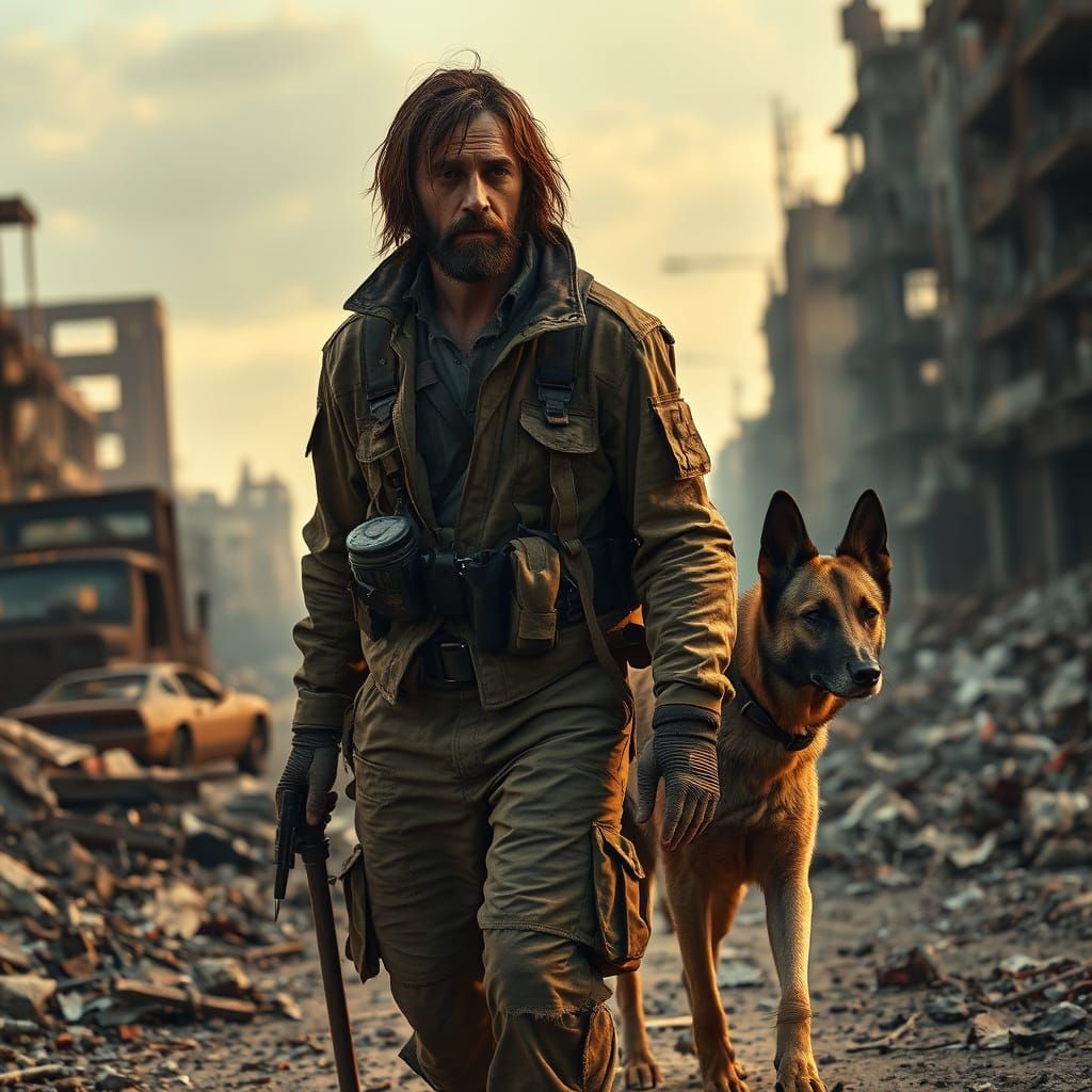 Gritty Post-Apocalyptic Survivor Walks Through Ruined City w...