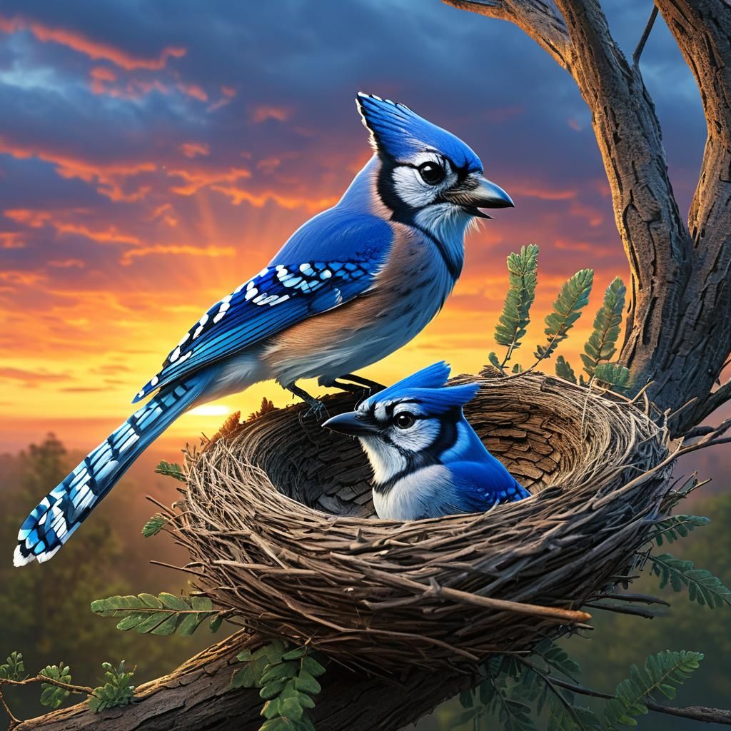Tiny Tiger in Bluejay Nest at Colorful Sunrise