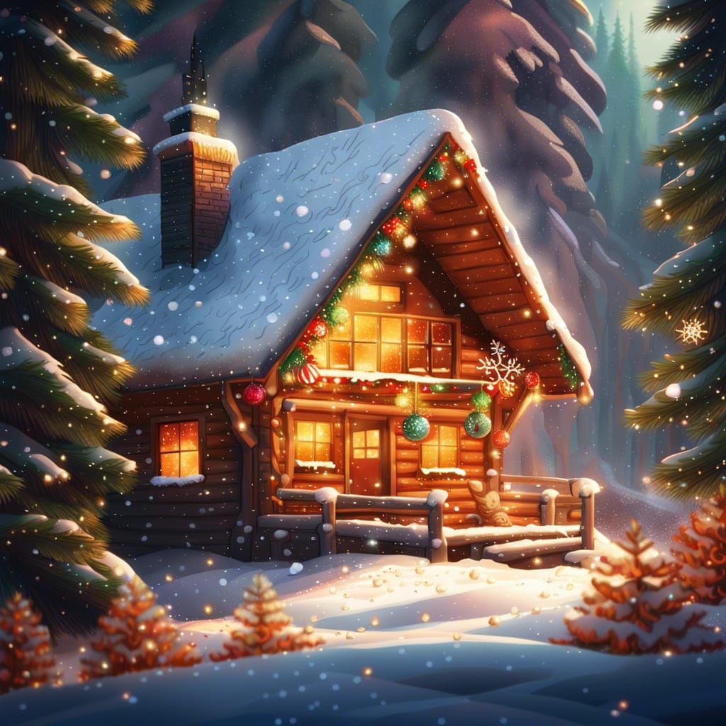 Christmas Cabin in Snowy Pine Forest