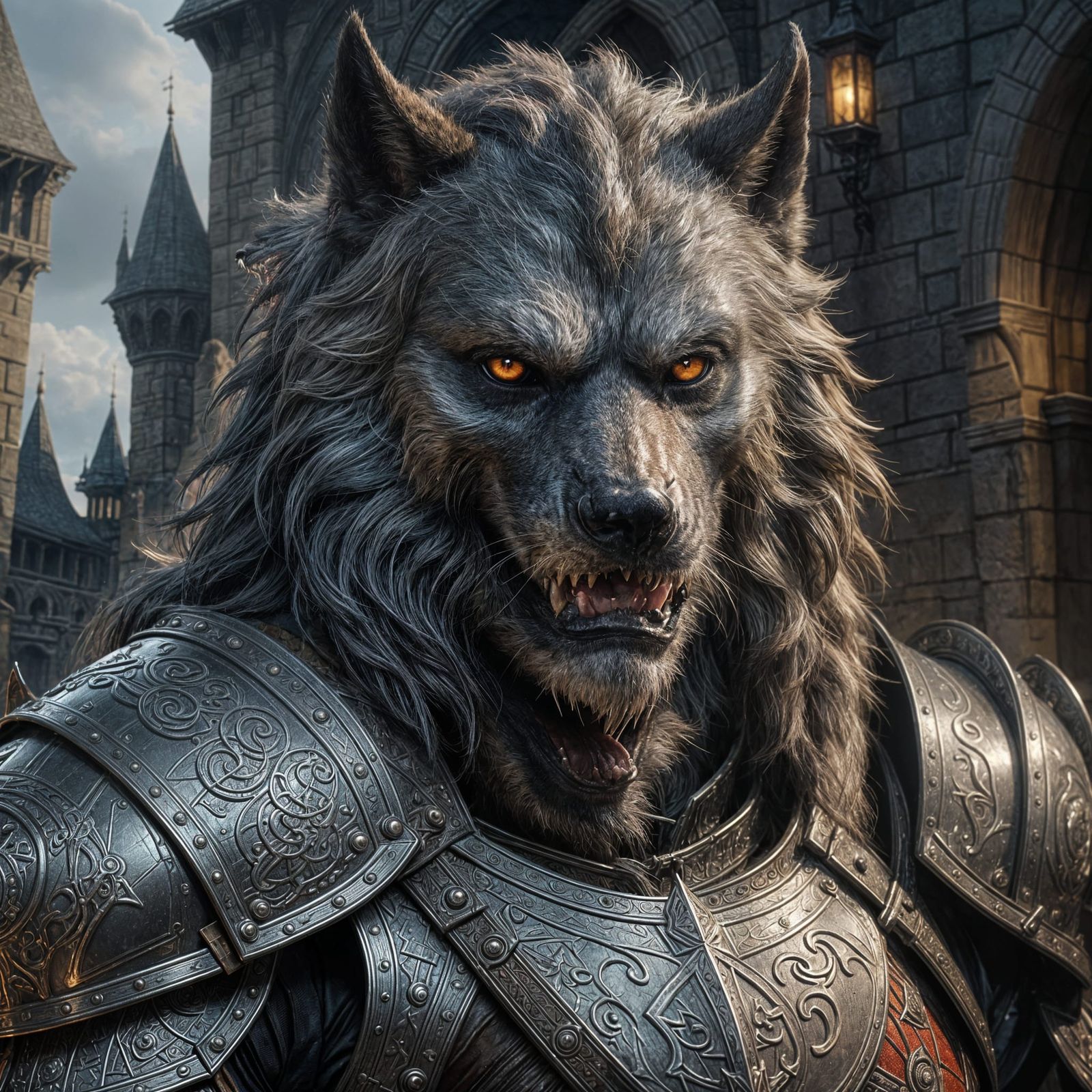 Armored Werewolf Portrait in Vibrant Oil Painting Style