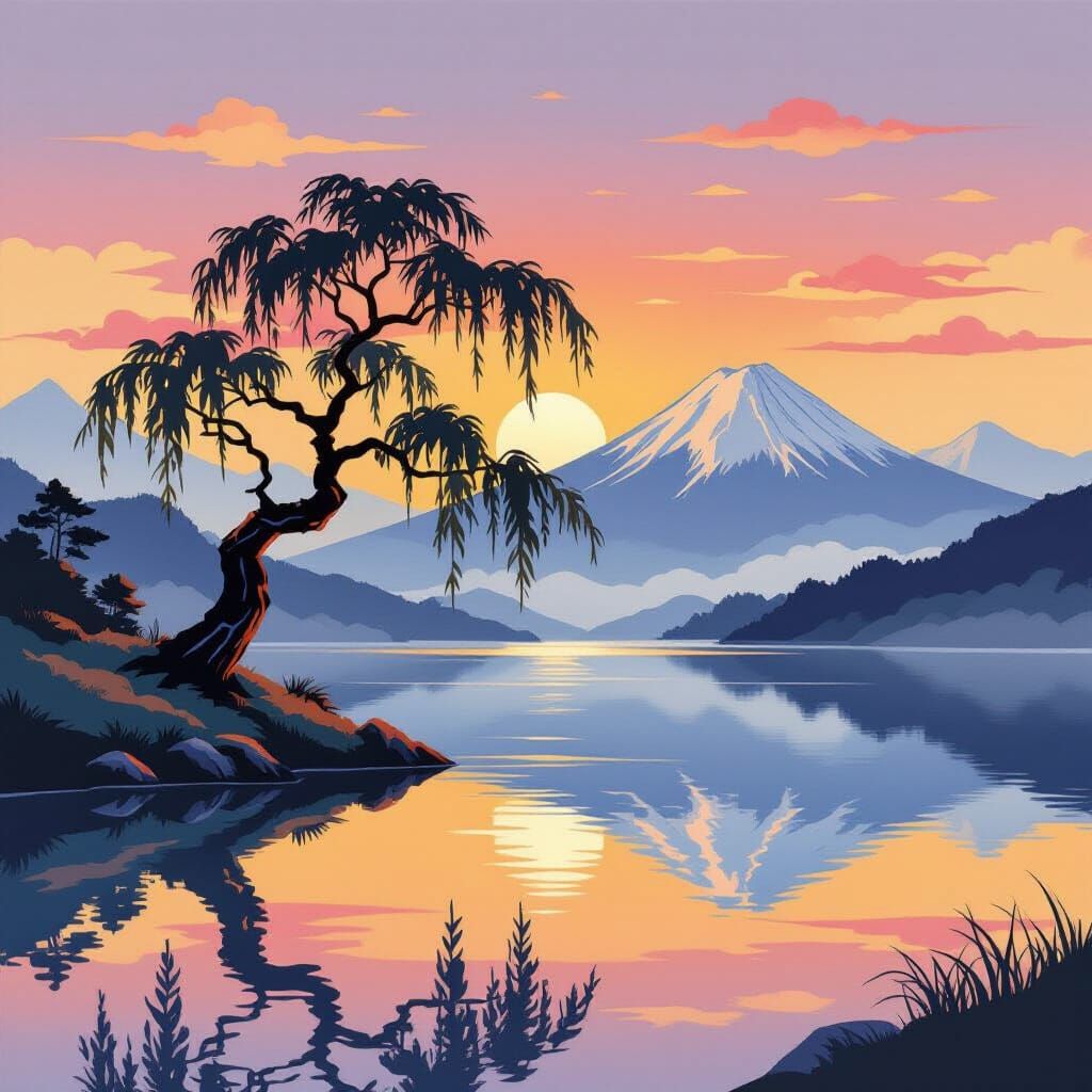 Japanese Willow Tree by Lake at Sunset in Origami Style