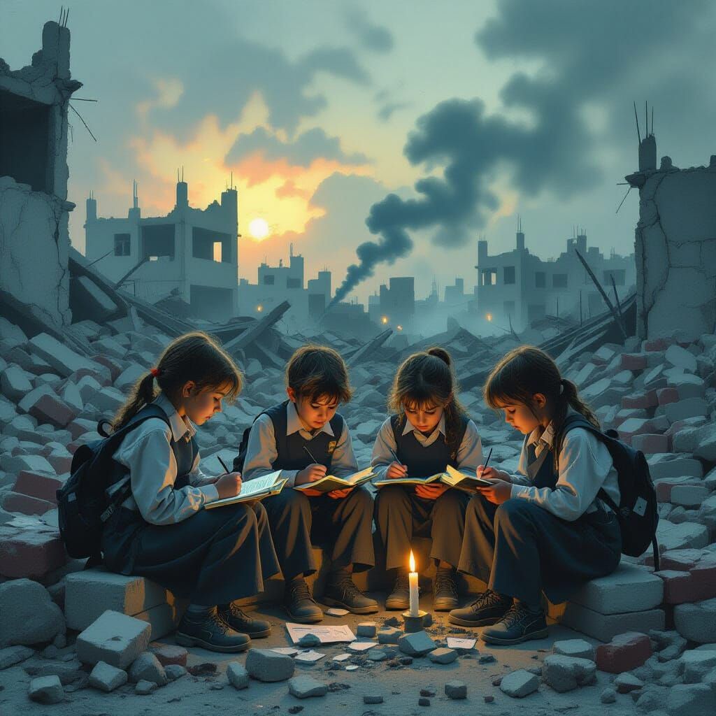 Surrealist Children Studying in War-Torn Gaza