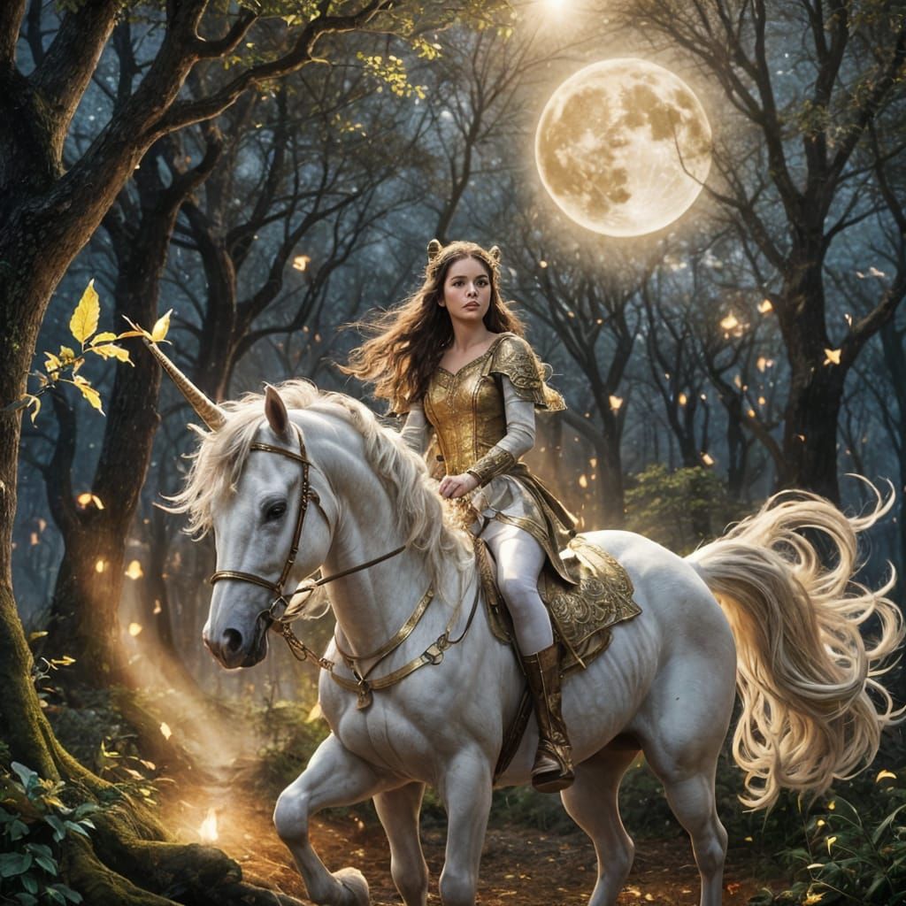 Girl Rides Unicorn in Moonlit Fairy Forest