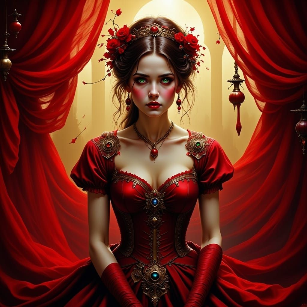 Sensual Goddess in Crimson Gown Amidst Velvet Drapes