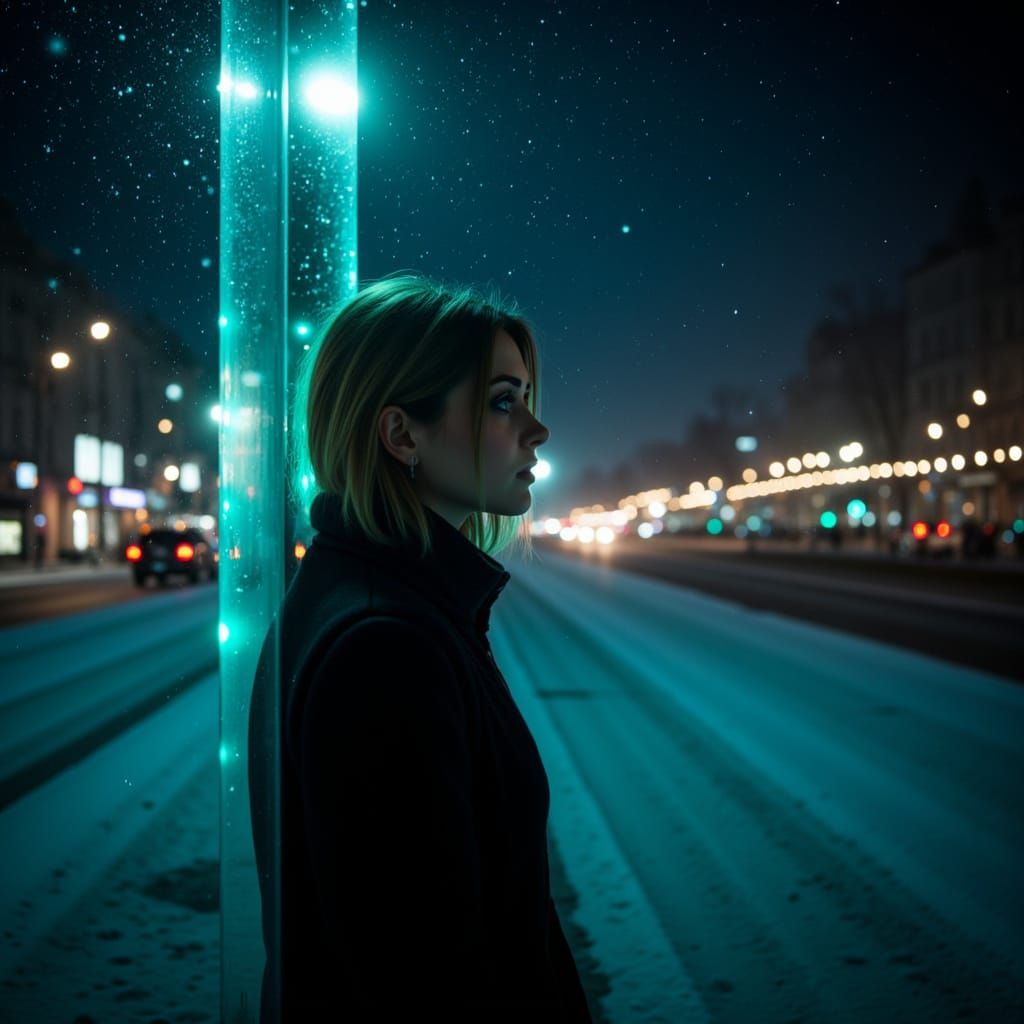Woman in City Lights on Snowy Winter Night