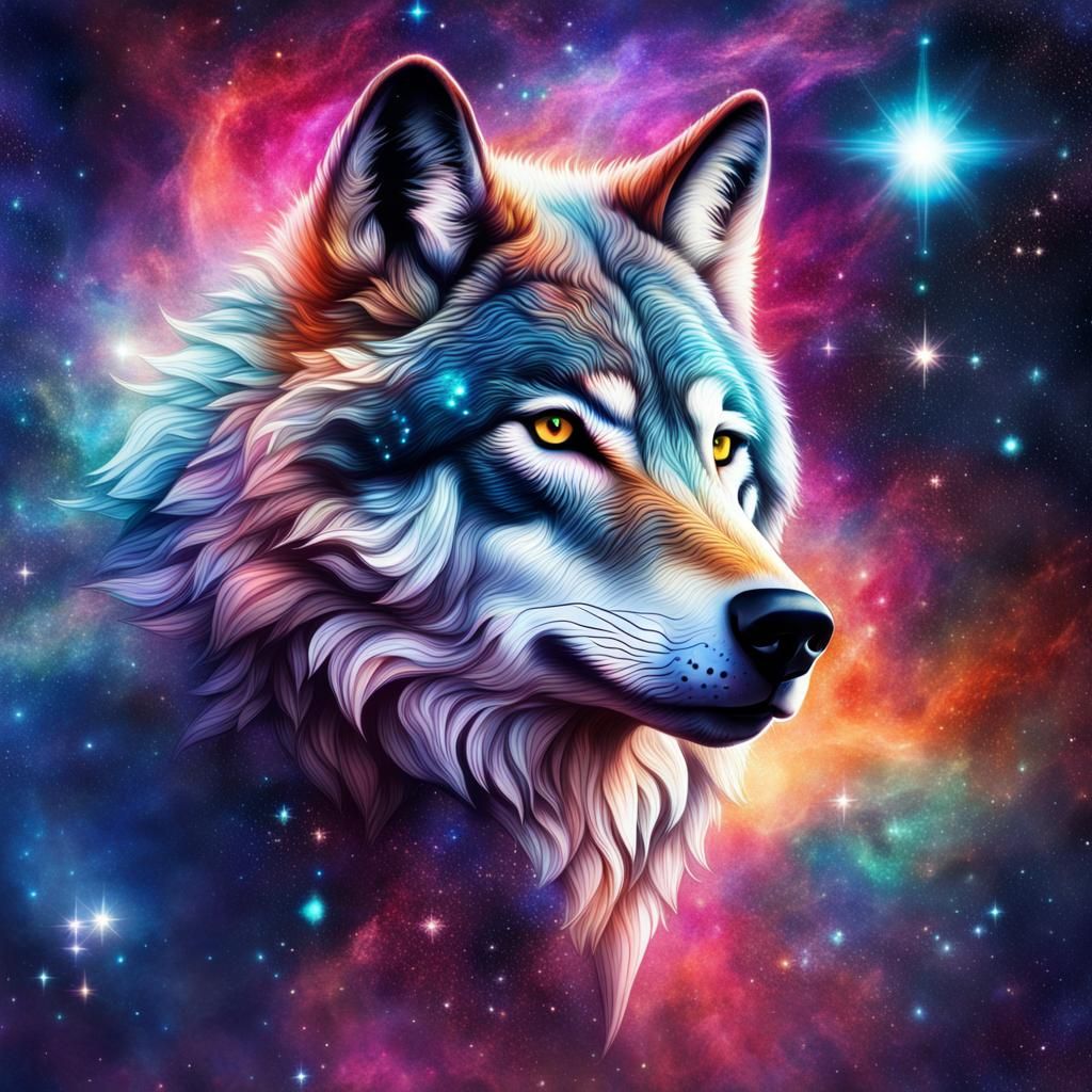 Wolf Face Merging into Starry Galaxy