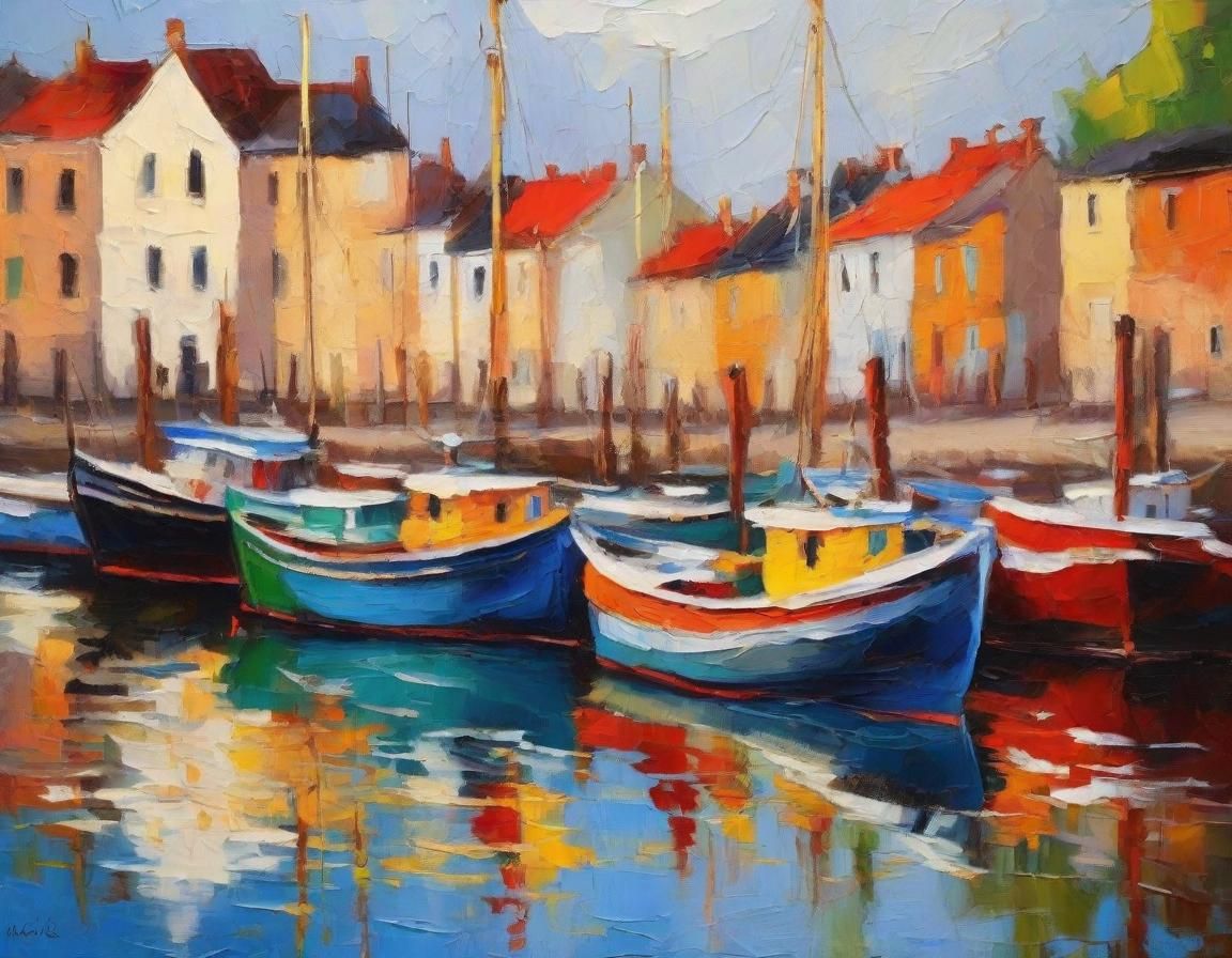 Picturesque Harbor of Fishing Boats in Impressionist Oil