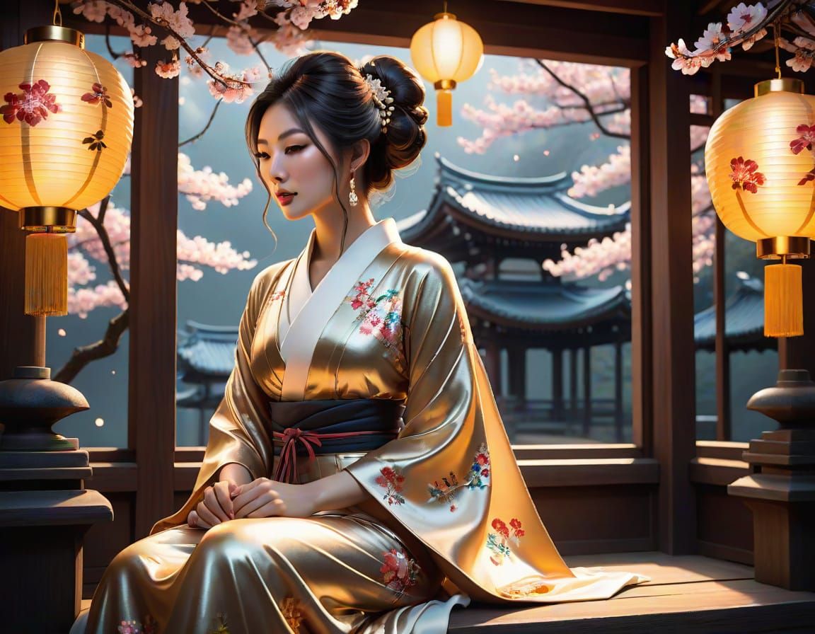 Japanese Woman in Pagoda, Neo-Traditional Ink Style