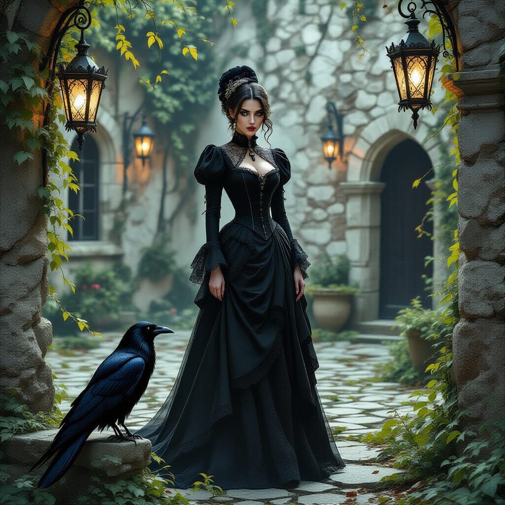 Victorian Woman and Raven in Gothic Courtyard