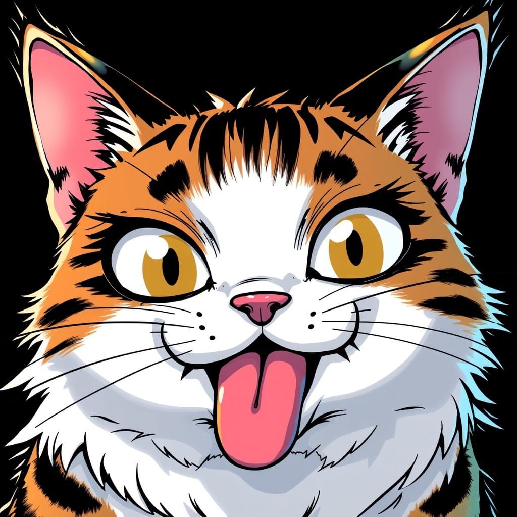 Adorable Cat with Tongue Out in Manga Style