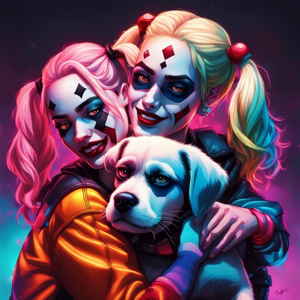 Hyperrealistic Neon Harley Quinn Sisters with Puppy