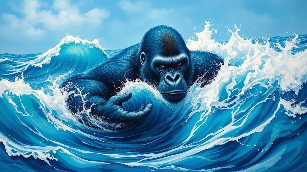 Blue Gorilla in Stormy Sea: A Dramatic Marine Painting
