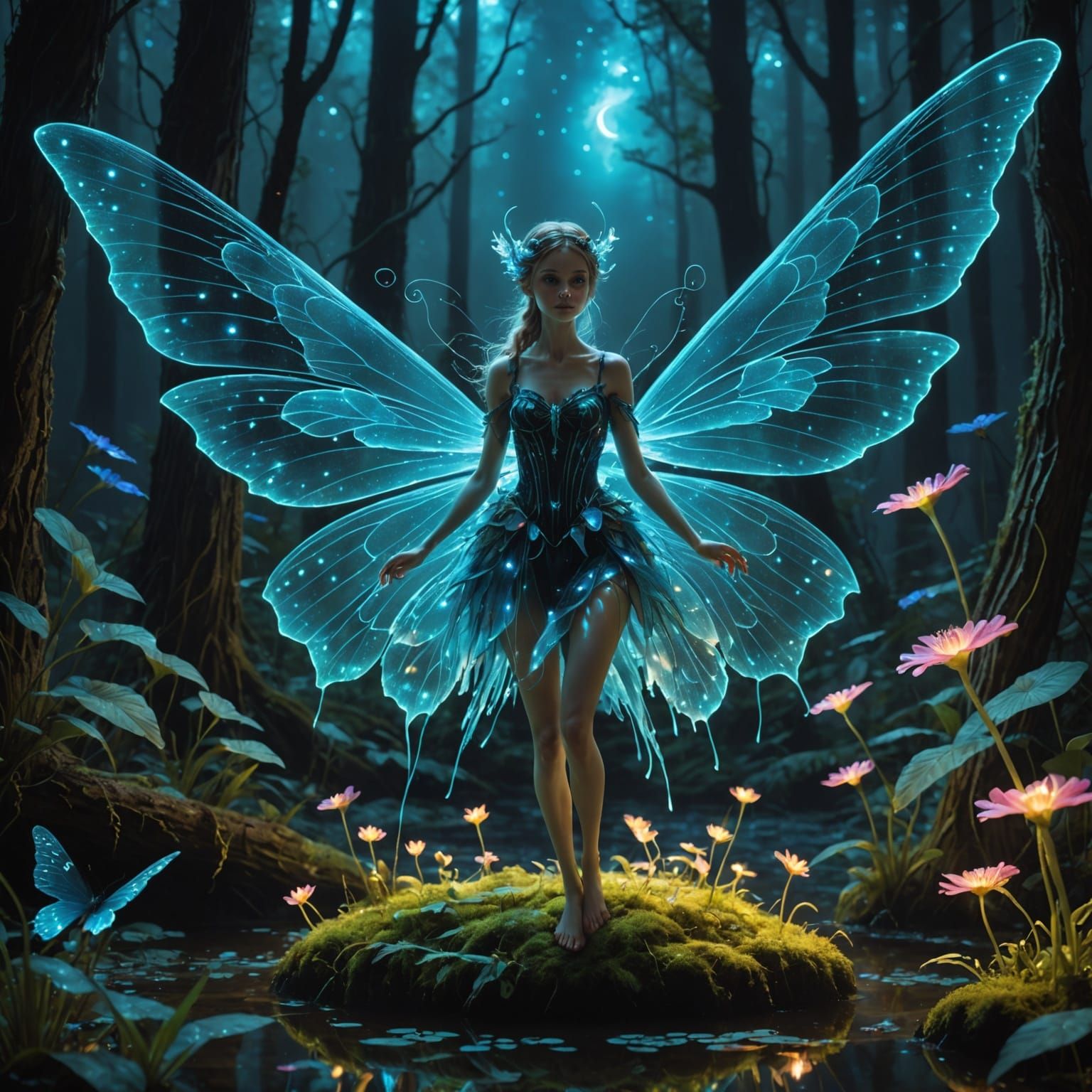 Bioluminescent Fairy in a Neon-Lit Underwood