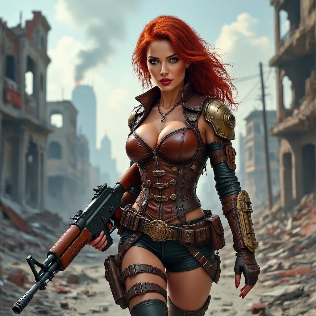 Steampunk Warrior in Ruined City, Hyperdetailed Comic Art