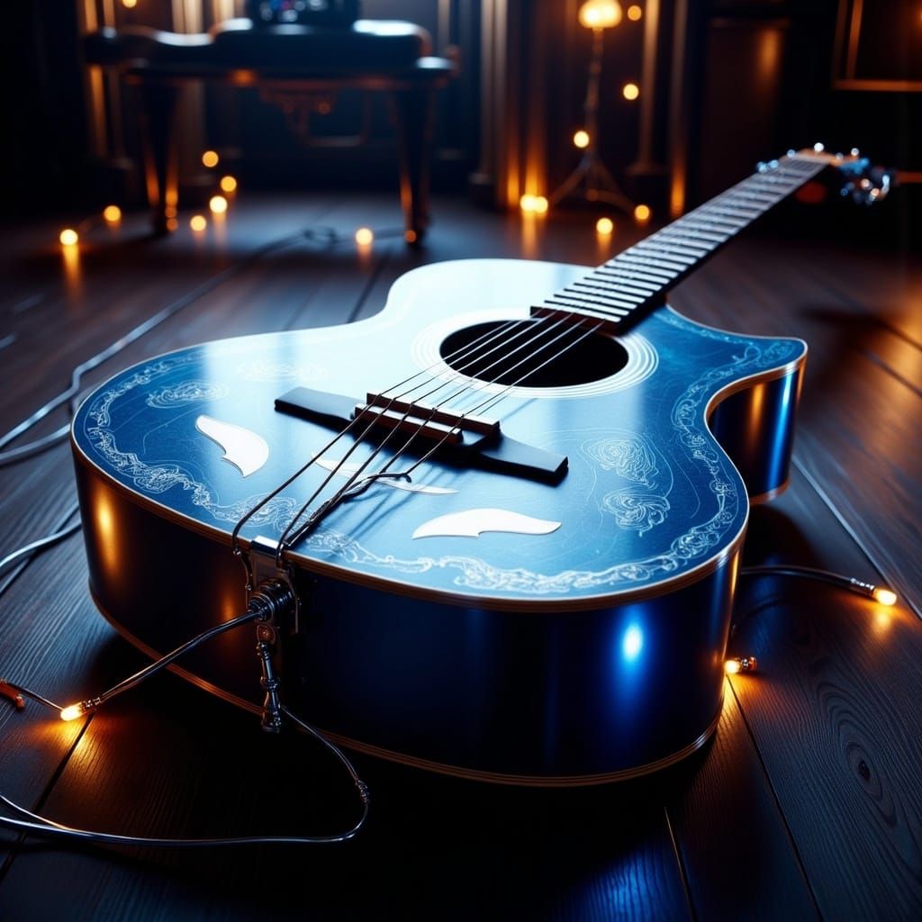 Sleek Silver and Blue Guitar with Broken Strings
