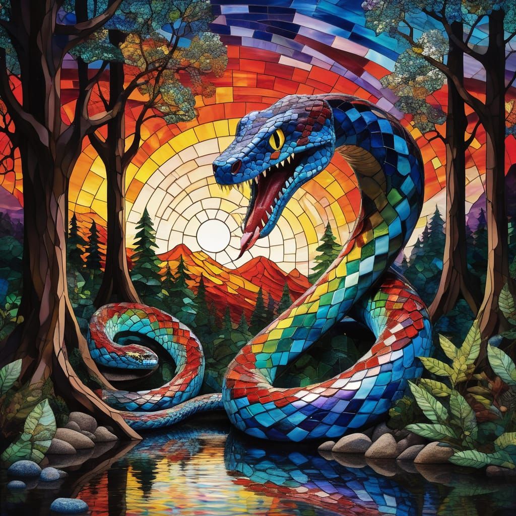Vibrant Stained Glass Kaiju Snake Towers Over Forest