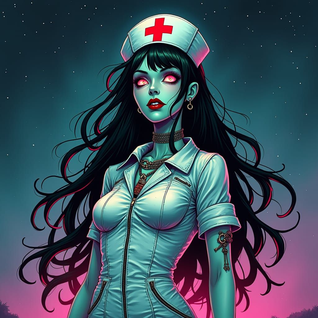 Zombie Nurse in Cyberpunk Style Under Neon Lights