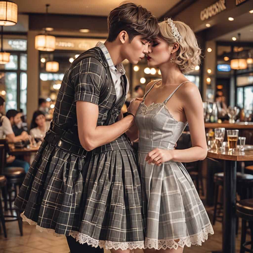 Crossdressing Teen Kiss in Restaurant: Professional Photo