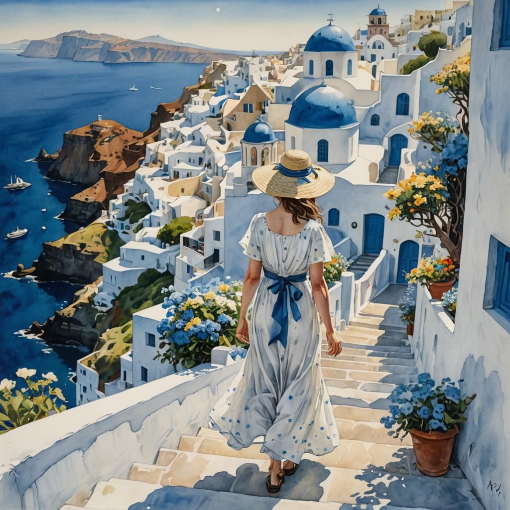 Santorini Woman in Watercolor by Hopper, Klimt, Wiesner
