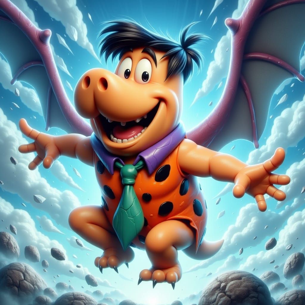 Fred Flintstone as Pterodactyl in Cartoon Style