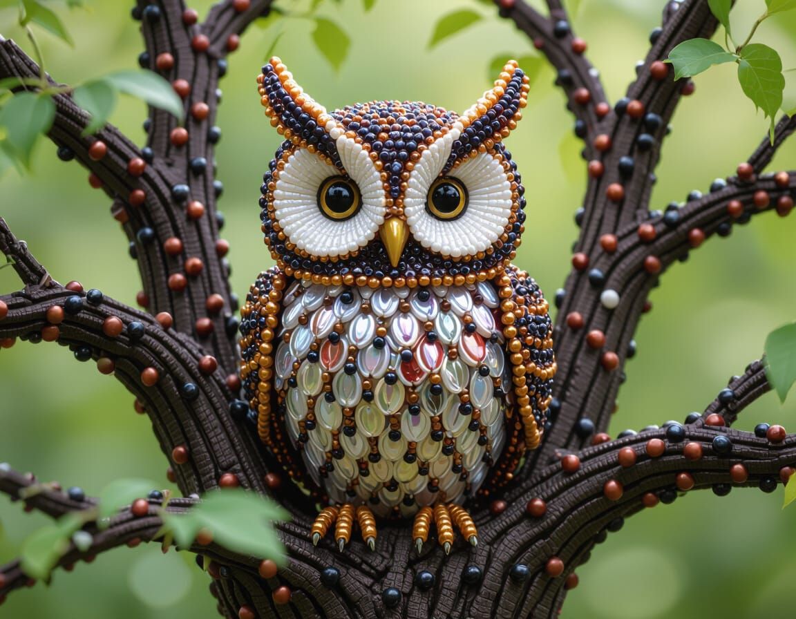 Beaded Owl in Tree: Intricate 3D Art
