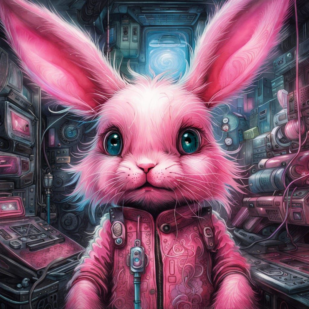 Fluffy Pink Bunny with Transparent Computer